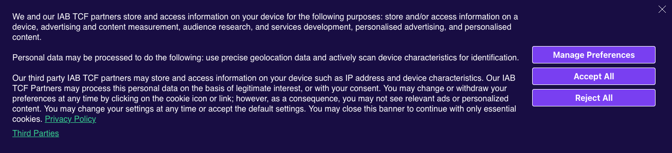 Banner Template 2 (IAB GPP & EU TCF 2.x Frameworks Enabled, First Layer Categories Disabled) as Banner