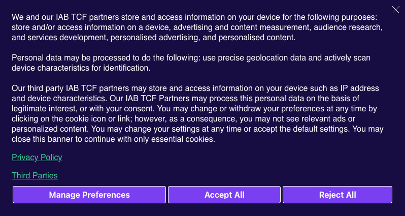 Banner Template 2 (IAB GPP & EU TCF 2.x Frameworks Enabled, First Layer Categories Disabled) as Box